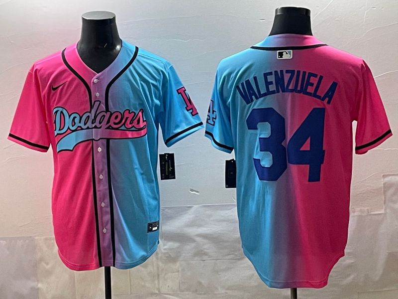 Men 2025 Los Angeles Dodgers #34 Valenzuela Blue pink Game Nike MLB Jersey style 01